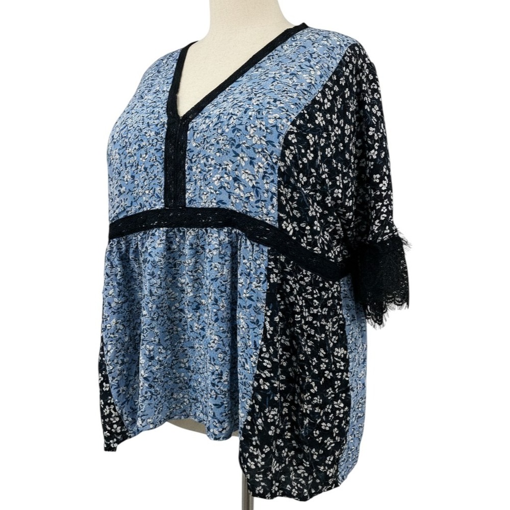 Weekend Suzanne Betro Top Womens 4X Blue Mixed Floral Lace Babydoll Boho Modern